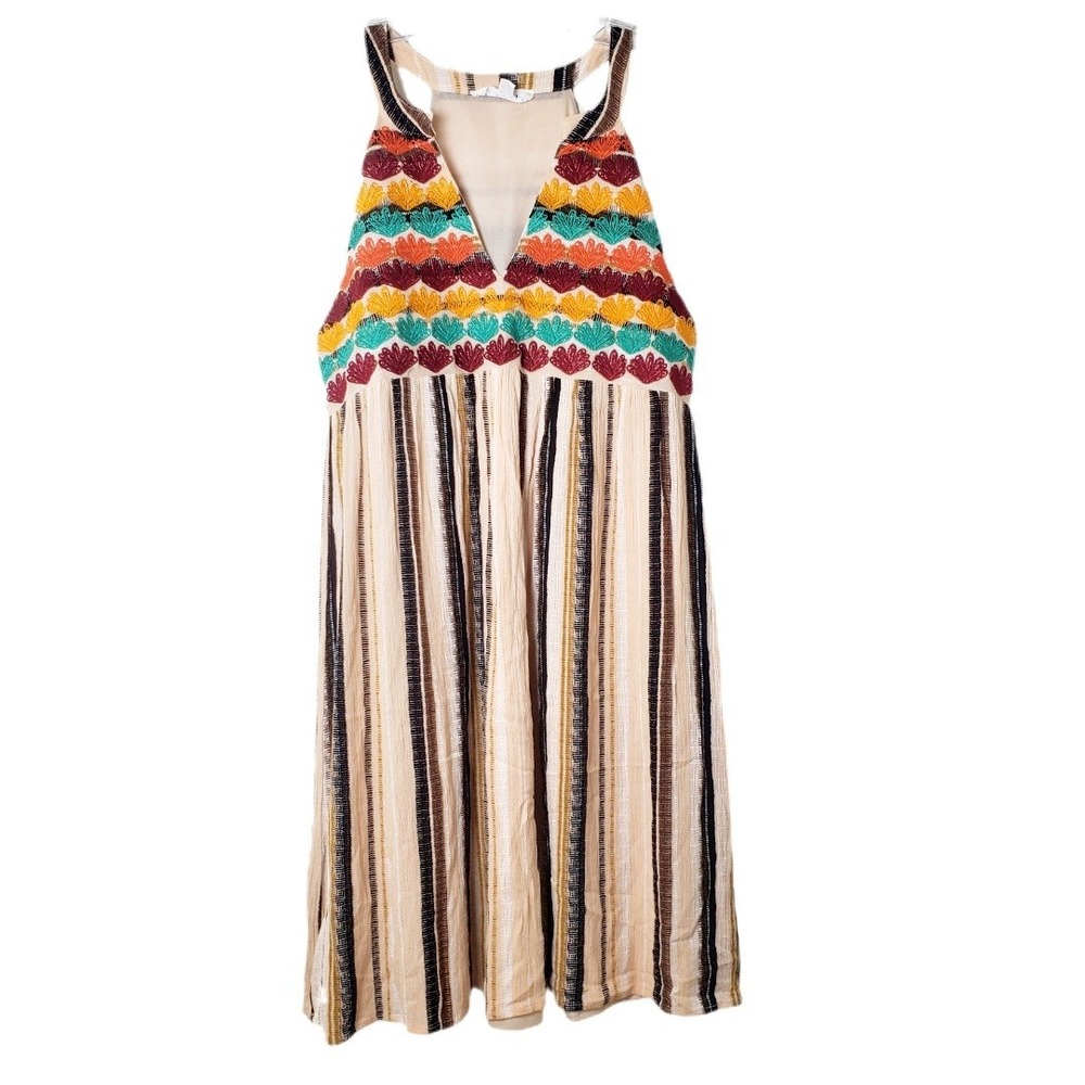 THML Cream Striped Mini Dress with Multicolor Crochet Bodice